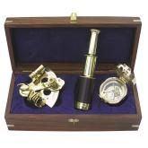 Námořní set kompas, sextant a dalekohled v dřevené krabici